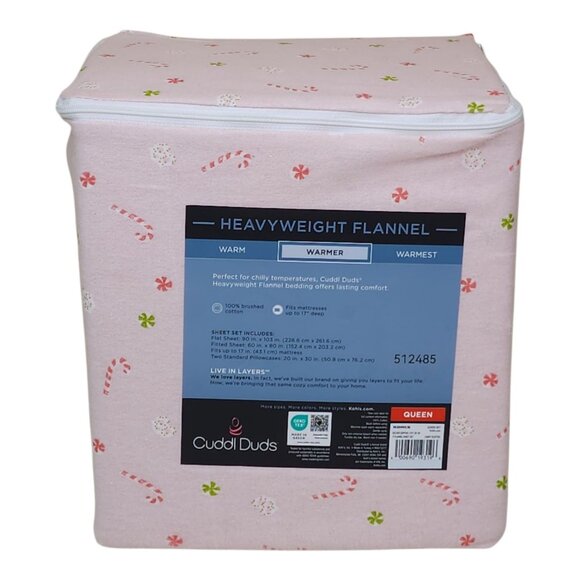 Cuddl Duds Queen Heavyweight Flannel Sheet Set Pink Candy Cane Brushed Cotton - Picture 3 of 9